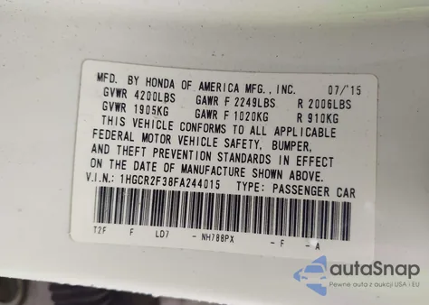 2015 Honda Accord Lx из США, поврежденный, VIN 1HGCR2F38FA244015